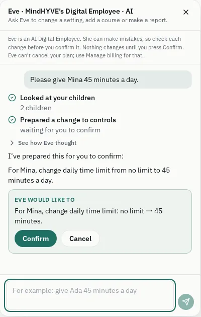 Eve panel on the parent side. The parent asks “Please give Mina 45 minutes a day.” Eve lists the steps she took, says the change is waiting for confirmation, and shows a card reading “For Mina, change daily time limit: no limit to 45 minutes” with Confirm and Cancel buttons.