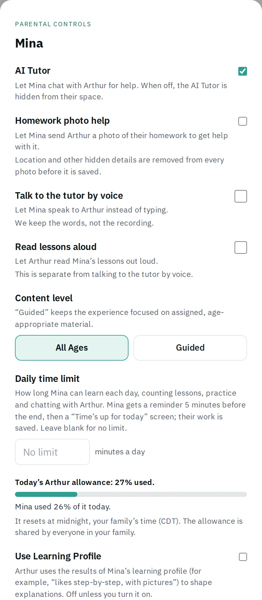 Parental controls for Mina: AI Tutor ticked; Homework photo help unticked; Talk to the tutor by voice unticked; Read lessons aloud unticked; Content level set to All Ages; Daily time limit left blank for no limit, with a bar showing today’s allowance at 27 percent; Use Learning Profile and Gender awareness unticked.