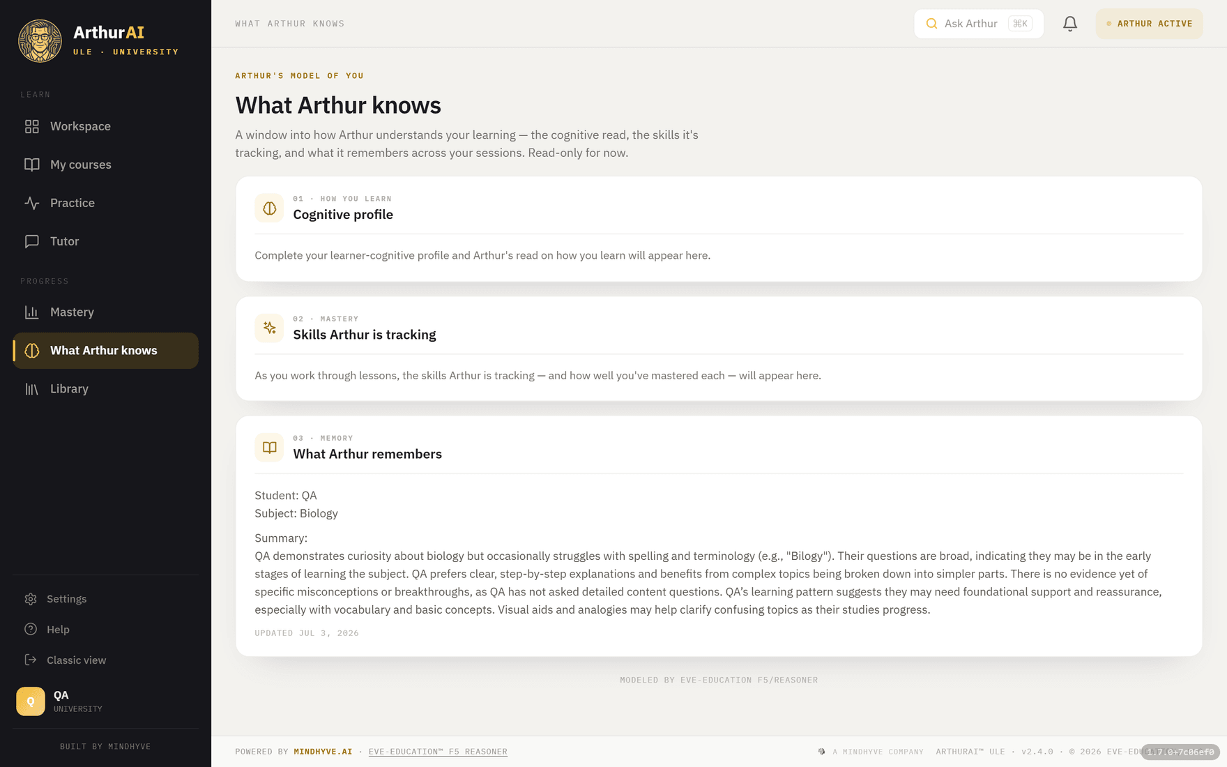 ArthurAI ULE — The learner model, made visible.