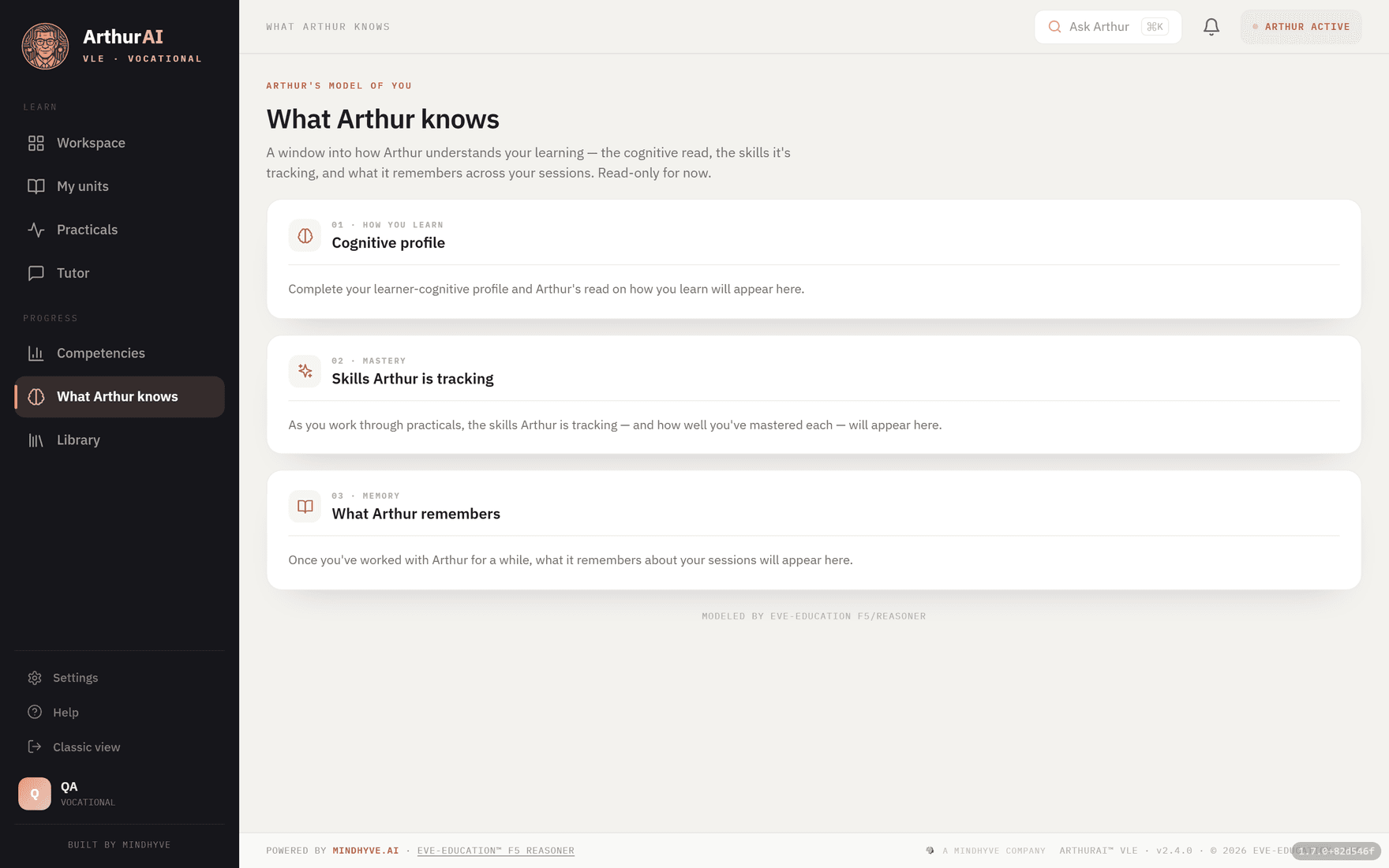 ArthurAI VLE — The learner model, made visible.