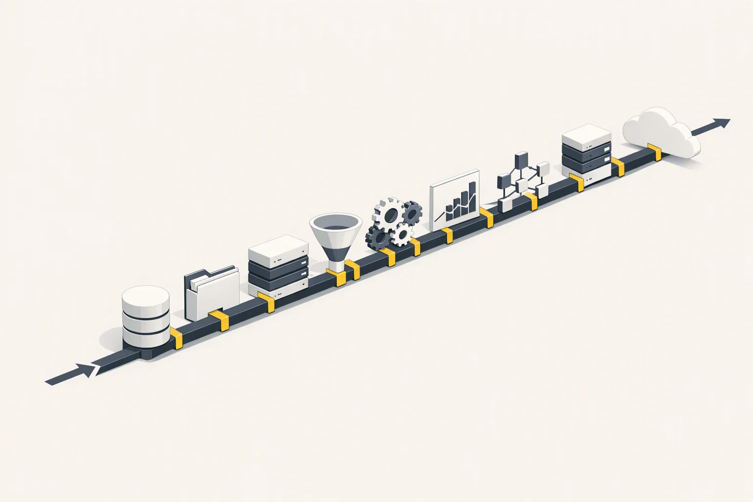 Isometric diagram: ten distinct capability modules seated along a shared central spine
